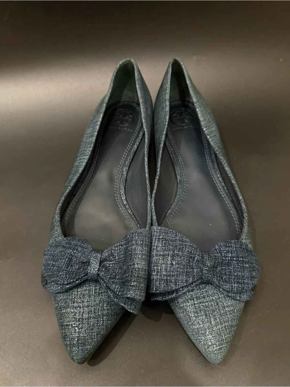 TORY BURCH Rosalind Navy Blue Denim Print Textured Suede Ballet Flats Size 8M